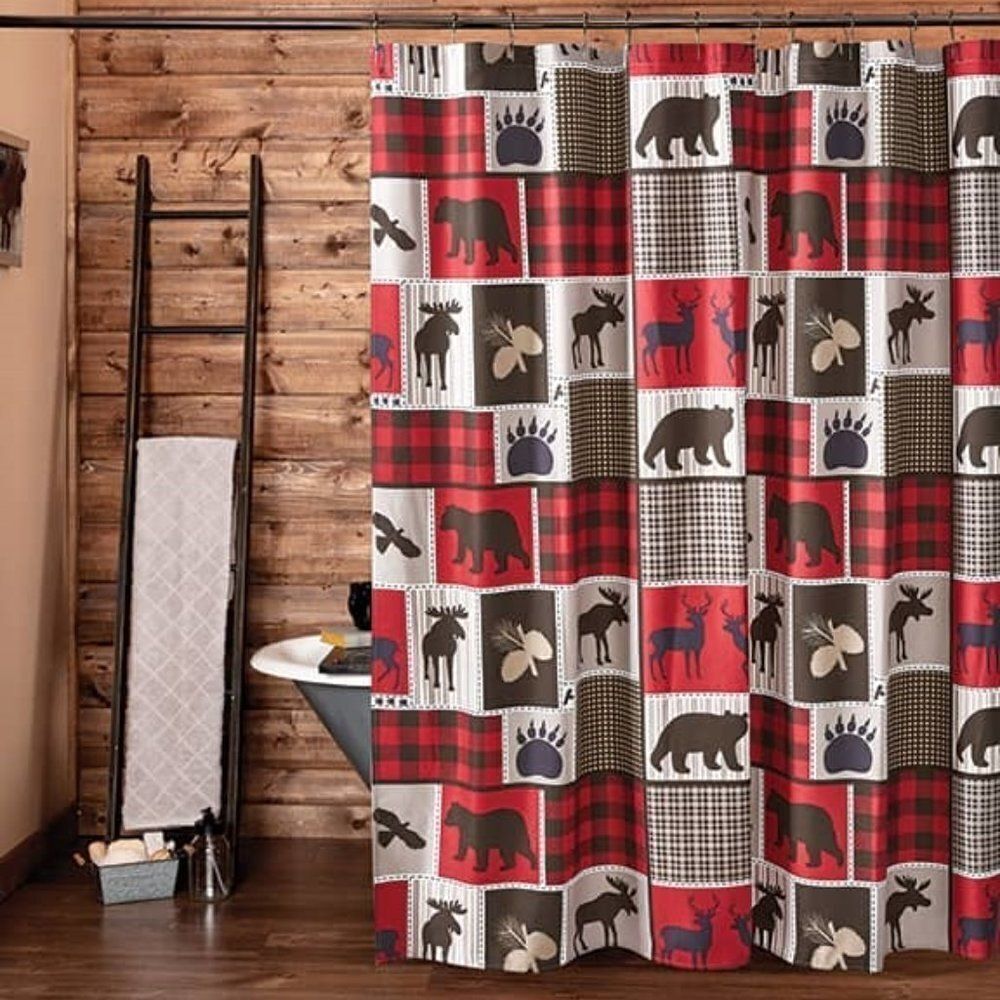 Rustic Lodge Theme Fabric Shower Curtain with Hooks Set Country Cabin
